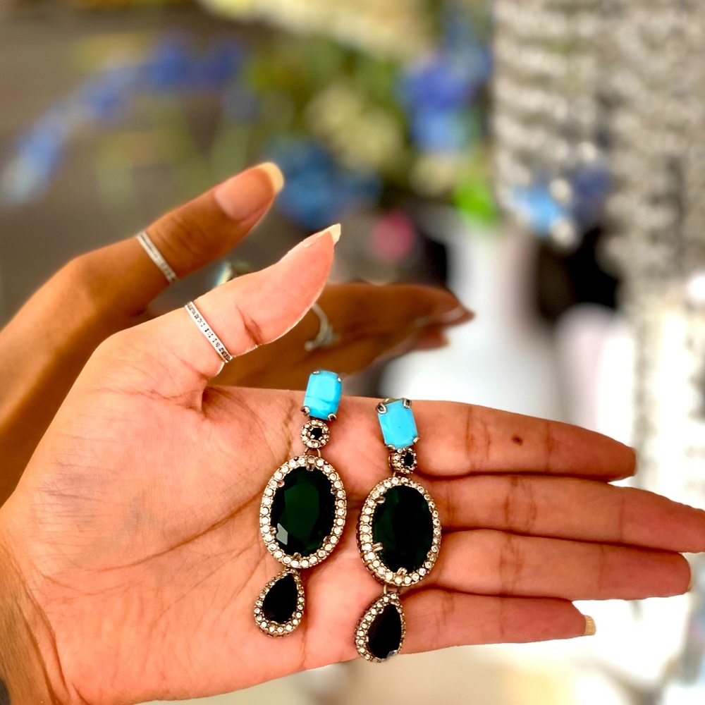 J Crew 3-stone turquoise, emerald & black (post-back) fancy earrings.